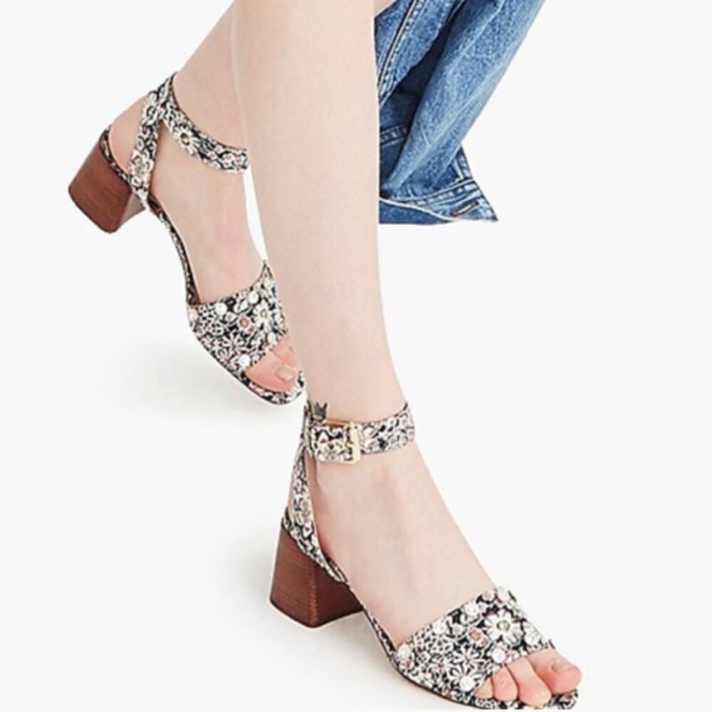 J. Crew Penny Liberty Floral Jeweled Sandal Heels.